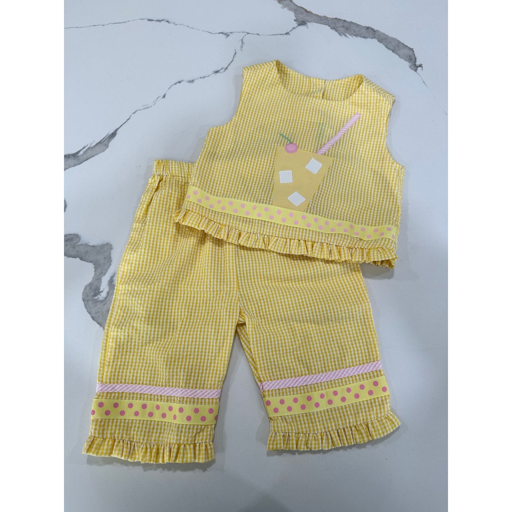 Funtasia Too Girls Yellow Gingham Lemonade Applique Ruffle Pant Set Size‎ 5